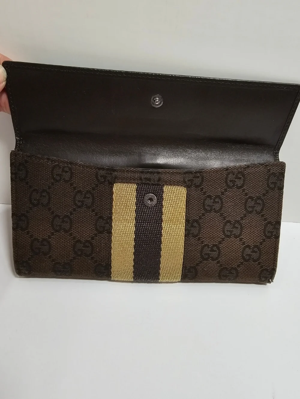Auth. Vintage Gucci Jackie Piston Lock Long Wallet GG Monogram Canvas Brown
